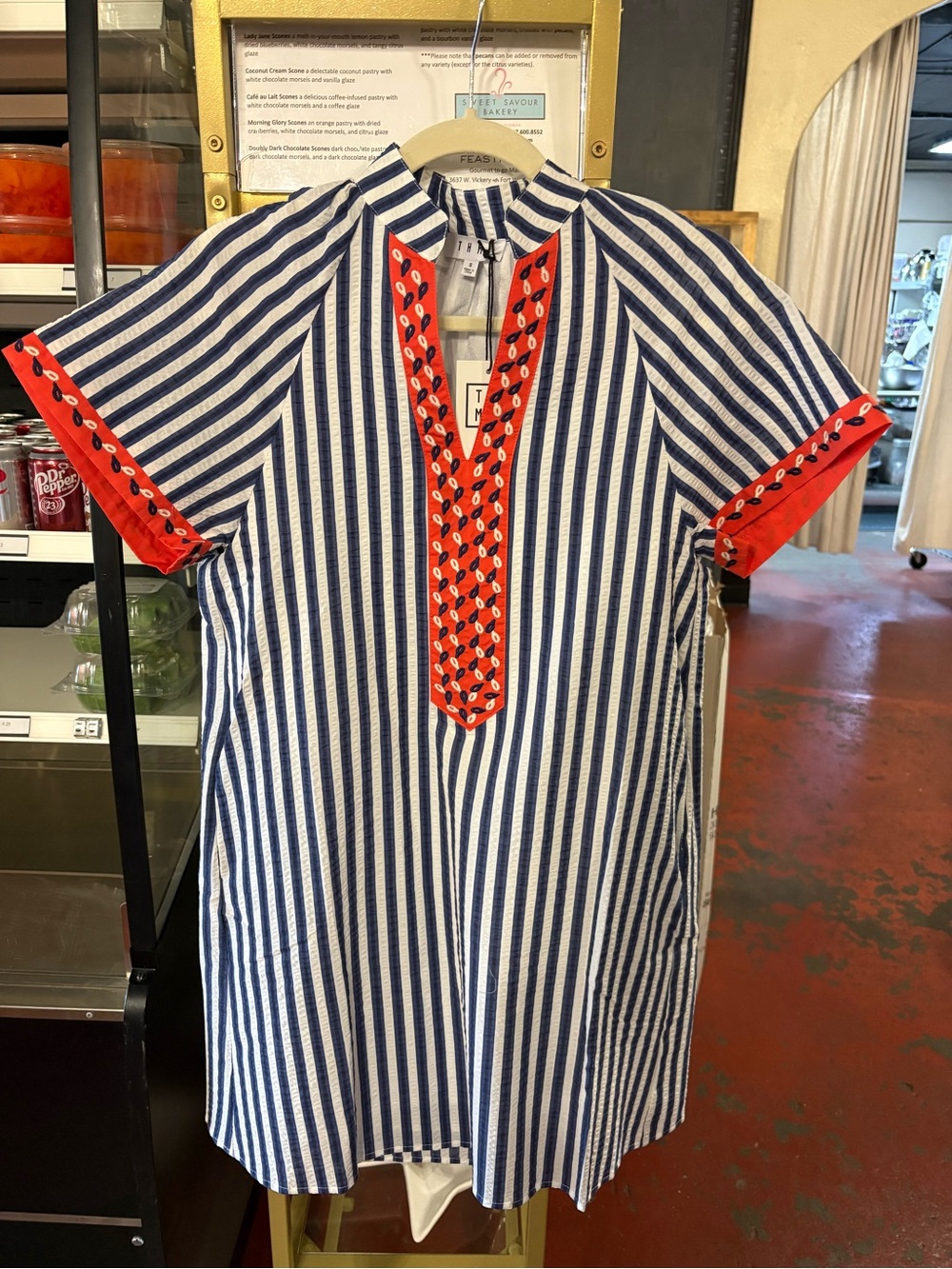 NWT, THML Navy & White Striped Midi Dress with Bright Orange/Navy Trim size M